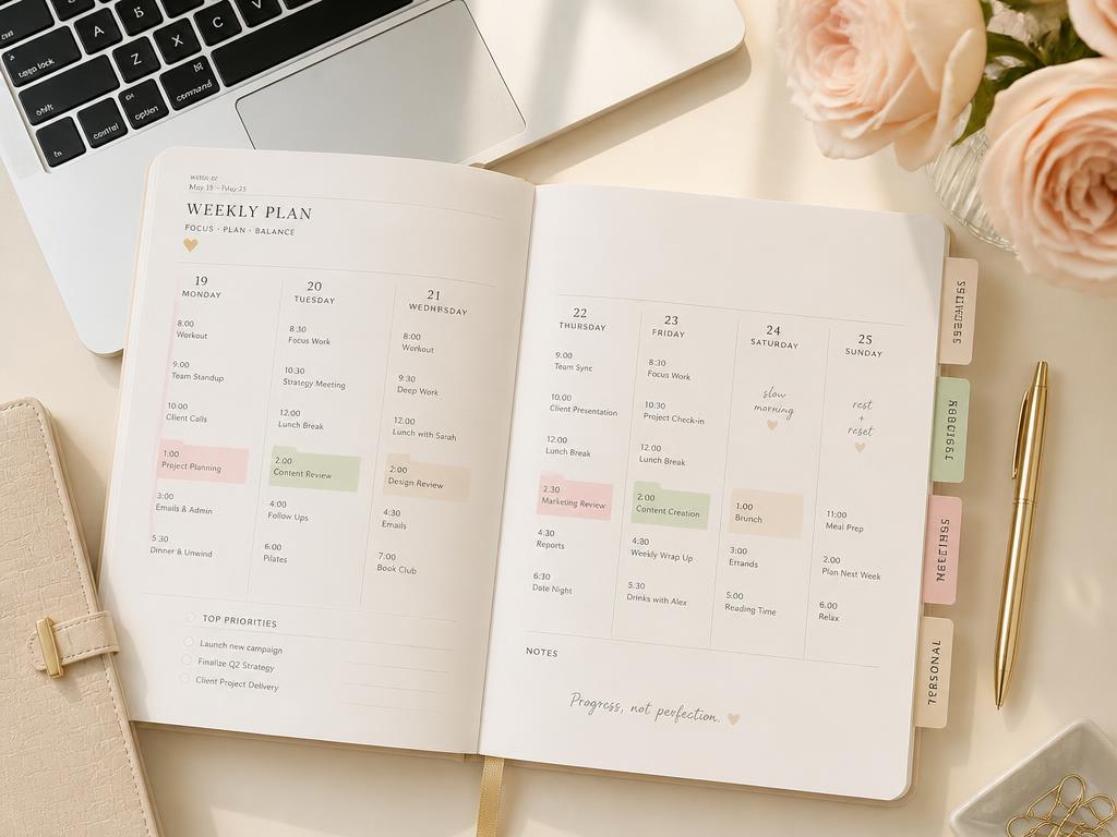 Weekly planner with organized schedule, gold pen and blush roses