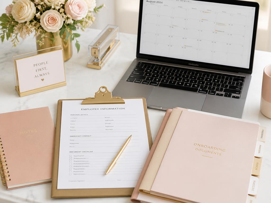 Employee onboarding paperwork with personnel folders and a laptop calendar