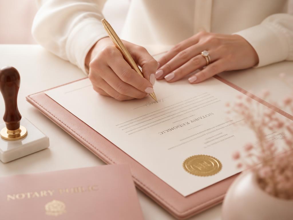 Hands signing a notarized document beside a notary seal and stamp